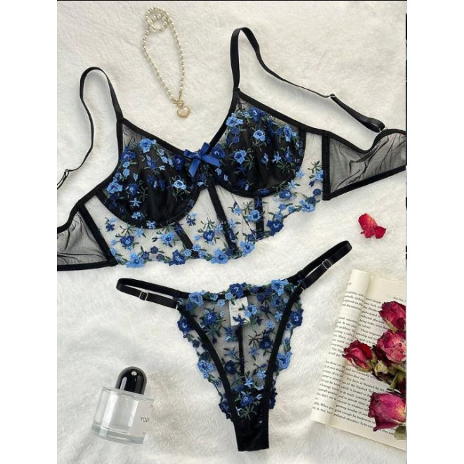 Buy Floral Embroidery Mesh Underwire Lingerie Set