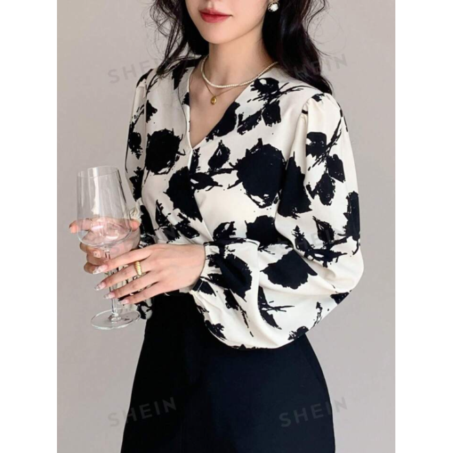 Neck Lantern Sleeve Blouse