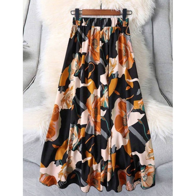 Plus Size Summer Casual Flower Printed Loose Skirt
